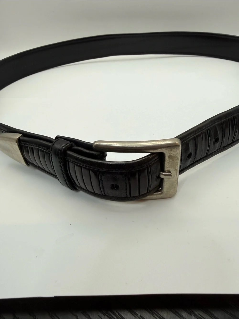Barneys New York Black Brown Leather Belt Men’s 32 Textured Inlay Silver Buckle